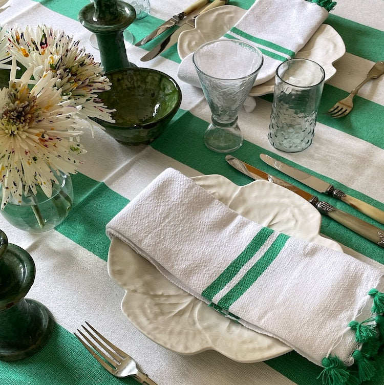 The Voyage Dubai - Lunch in Tangier Thick Stripe Tablecloth - Emerald Green  Made from a wonderfully soft yet highly durable handwoven cotton, the Lunch in Tangier tablecloth is perfect for everyday use and equally stunning dressed up for a special occasion. 