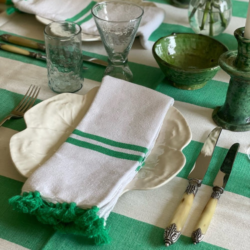 The Voyage Dubai - Lunch in Tangier Thick Stripe Tablecloth - Emerald Green  Made from a wonderfully soft yet highly durable handwoven cotton, the Lunch in Tangier tablecloth is perfect for everyday use and equally stunning dressed up for a special occasion. 