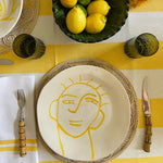 The Voyage Dubai - Made in Tangier Set of 6 Jibli Napkins - Buttercup Inspired by the Jibli (country) women of Northern Morocco these generously sized table napkins add an element of fun to any table. Available in pure white cotton, as well as fun colourful stripes on a creamy white base, each napkin is finished with matching pom poms. Use as table napkins, tea towels or hand towels.
