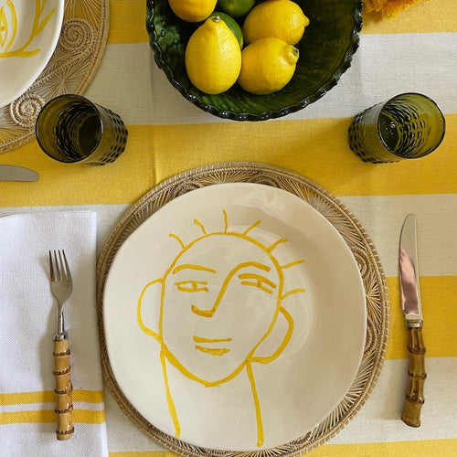 The Voyage Dubai - Lunch in Tangier Thick Stripe Tablecloth - Buttercup Made from a wonderfully soft yet highly durable handwoven cotton, the Lunch in Tangier tablecloth is perfect for everyday use and equally stunning dressed up for a special occasion. 