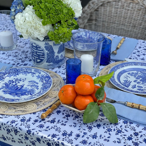 The Voyage Dubai - Edelweiss Tablecloth  Hand block printed tablecloth on 100% cotton.  Dimensions: 150cm x 230cm  Made in Jaipur, India.