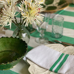 The Voyage Dubai - Lunch in Tangier Thick Stripe Tablecloth - Emerald Green  Made from a wonderfully soft yet highly durable handwoven cotton, the Lunch in Tangier tablecloth is perfect for everyday use and equally stunning dressed up for a special occasion. 