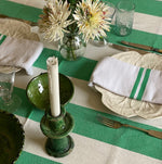 The Voyage Dubai - Lunch in Tangier Thick Stripe Tablecloth - Emerald Green  Made from a wonderfully soft yet highly durable handwoven cotton, the Lunch in Tangier tablecloth is perfect for everyday use and equally stunning dressed up for a special occasion. 
