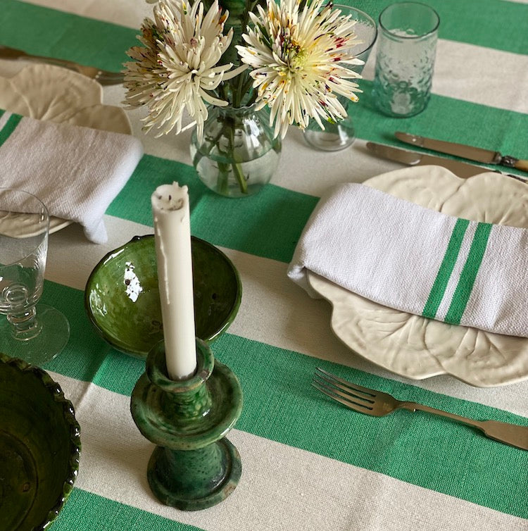 The Voyage Dubai - Lunch in Tangier Thick Stripe Tablecloth - Emerald Green  Made from a wonderfully soft yet highly durable handwoven cotton, the Lunch in Tangier tablecloth is perfect for everyday use and equally stunning dressed up for a special occasion. 