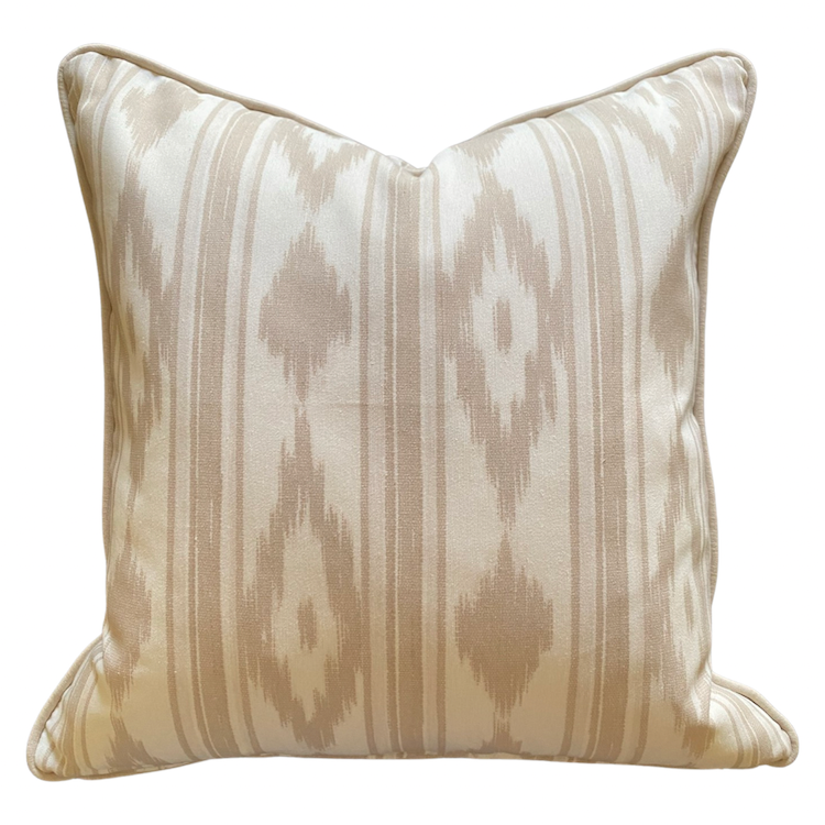 The Voyage Dubai - Mallorcan Ikat cushion in Taupe  A striking accent cushion printed in this traditional geometric motif and finished with taupe piping. The perfect addition to a sofa, armchair or bed. 