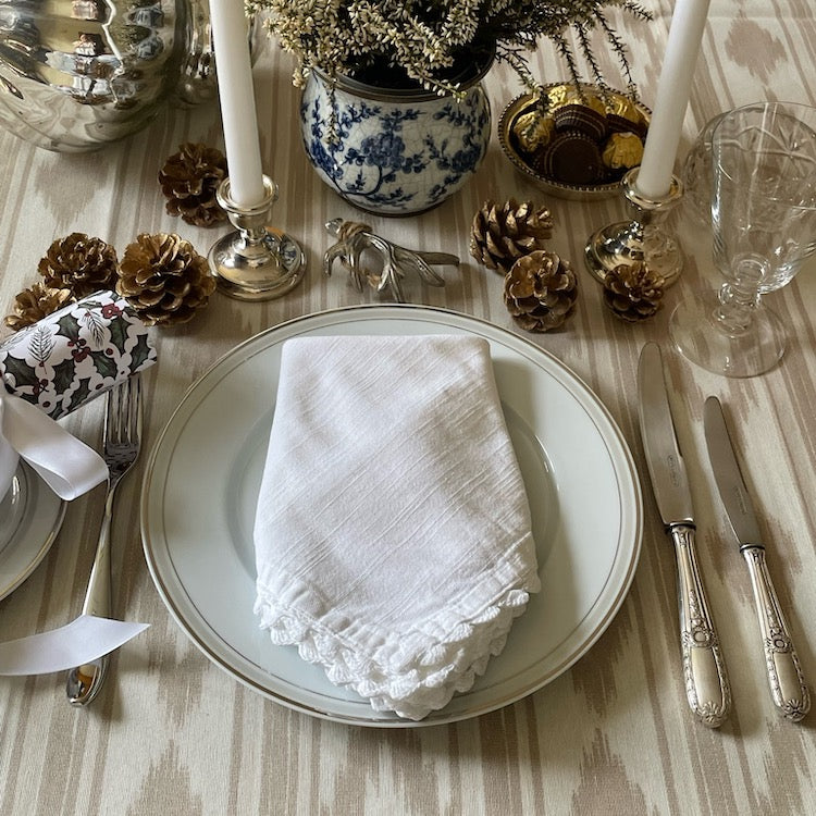 The Voyage Dubai - Mallorcan Ikat Tablecloth in Taupe  A striking cotton blend tablecloth printed in this traditional geometric motif reflective of the easy Mediterranean lifestyle. Perfect for long lunches and alfresco dining.   Size: 160 x 270 cm Origin: Spain Made by hand locally 