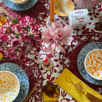 The Voyage Dubai - Lotus Tablecloth in Red  Hand block printed tablecloth on 100% cotton.  Available in sizes:  140cm x 210cm 160cm x 260cm Made in Jaipur, India.