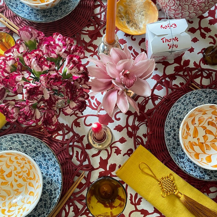 The Voyage Dubai - Lotus Tablecloth in Red  Hand block printed tablecloth on 100% cotton.  Available in sizes:  140cm x 210cm 160cm x 260cm Made in Jaipur, India.