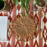 The Voyage Dubai - Mallorcan Ikat Tablecloth in Cinnamon A striking cotton blend tablecloth printed in this traditional geometric motif reflective of the easy Mediterranean lifestyle. Perfect for long lunches and alfresco dining.  Origin: Spain Made by hand locally  Also available in other colours.