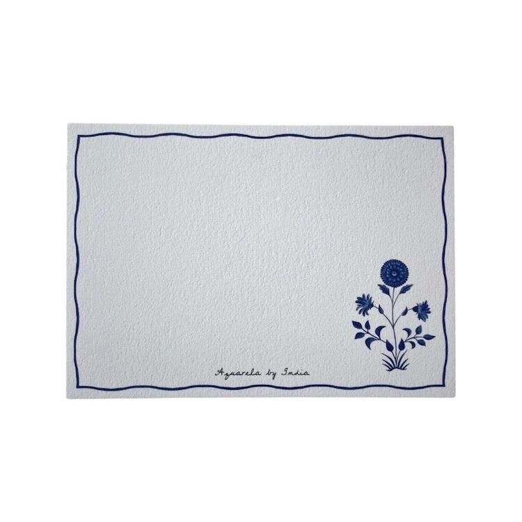 The Voyage Dubai - Blue Flower Note Cards by Aquarela  Originally illustrated in watercolour by Portuguese artist India who draws inspiration from her home in Comporta and summers spent in the Bahamas.  Printed on luxury 300gsm textured paper.  Size: A6  Sold in packs of ten without envelopes.