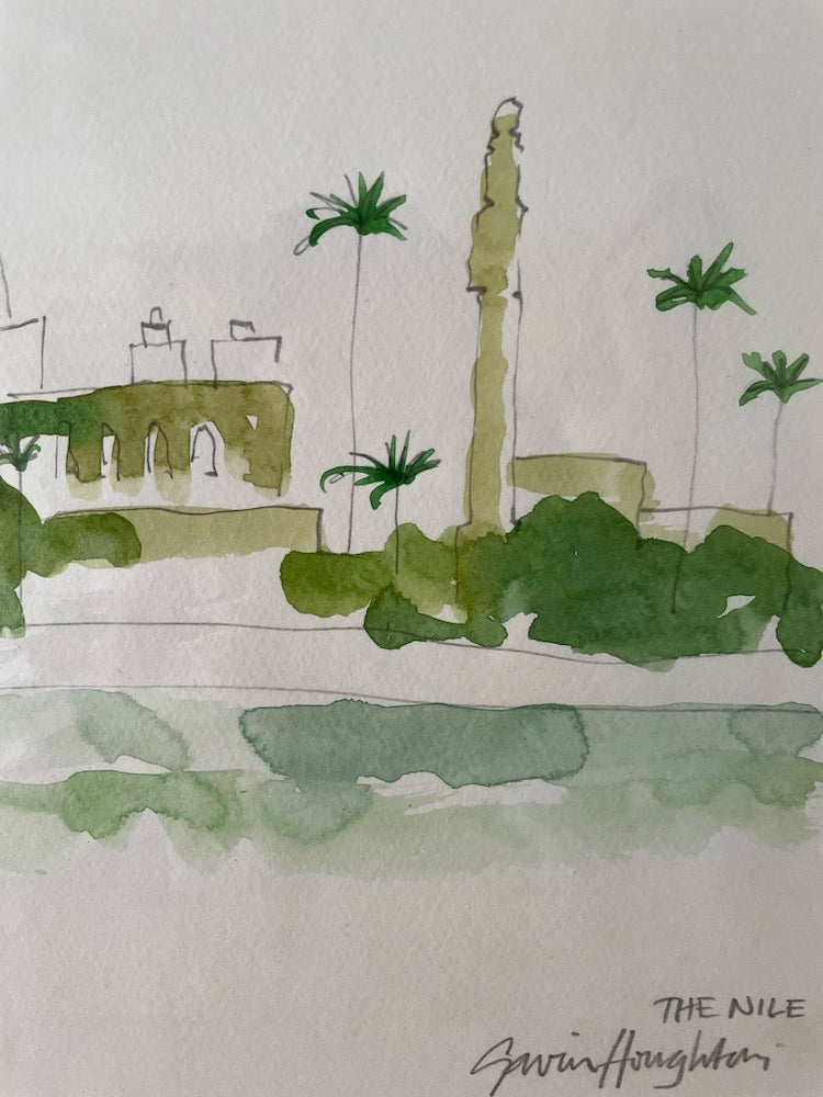 The Voyage Dubai - Eau de Nile Watercolour #4 A series of original watercolour sketches depicting scenes from the Nile, painted by renowned Interior Designer and artist Gavin Houghton for The Voyage Dubai. Original A4 watercolour sketch