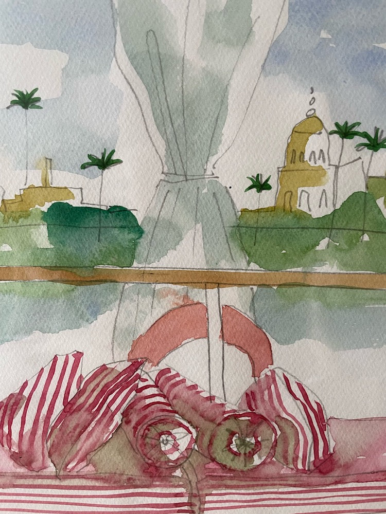 The Voyage Dubai - Eau de Nile Watercolour #3 A series of original watercolour sketches depicting scenes from the Nile, painted by renowned Interior Designer and artist Gavin Houghton for The Voyage Dubai. Original A4 watercolour sketch