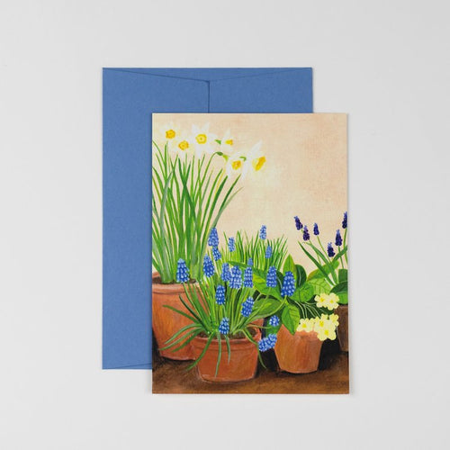 The Voyage Dubai. Muscari Card  Originally hand illustrated by British artist Kate Cronk in gouache and colour pencil.  Printed on luxury 300gsm card with a corresponding blue envelope.  Blank inside for your own message.  A6 size 148x105mm.  Designed and printed in the U.K.