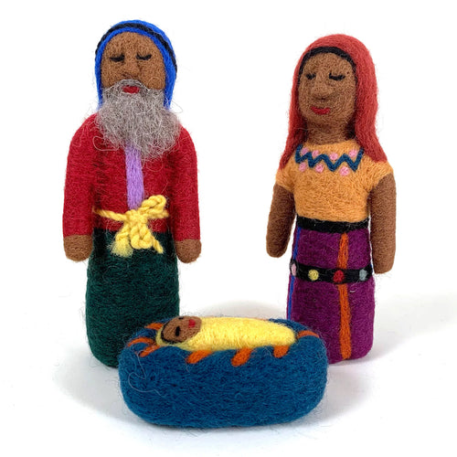 The Voyage Dubai - Felted Wool Mayan Nativity - 5 pcs set  Handmade in Guatemala, each Mayan woman creates her own delightfully unique rendition of the Holy Family