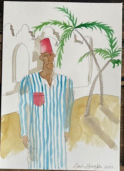 The Voyage Dubai - Aziz and his red pocket Watercolour.  Original A4 watercolour sketch by renowned Interior Designer and artist Gavin Houghton.