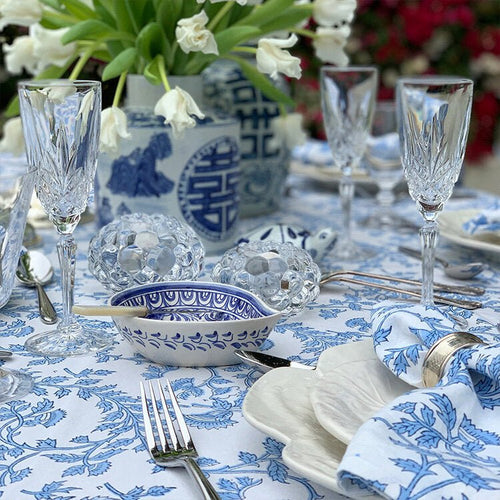 The Voyage Dubai - Blue Jasmine Dinner Napkins  100% cotton hand block printed dinner napkins  Sold in set of four - beautiful blue and white design. printed by hand in Jaipur India