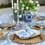 The Voyage Dubai - Blue Jasmine Tablecloth 100% cotton hand block printed tablecloth beautiful blue and white floral design. printed by hand in Jaipur India