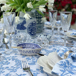 The Voyage Dubai - Blue Jasmine Tablecloth 100% cotton hand block printed tablecloth beautiful blue and white floral design. printed by hand in Jaipur India