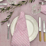 The Voyage Dubai - Classic Stripe Dinner Napkins Rose pink 100% cotton hand block printed dinner napkins - beautiful pink and white design. sold as a set of four. printed by hand in Jaipur India