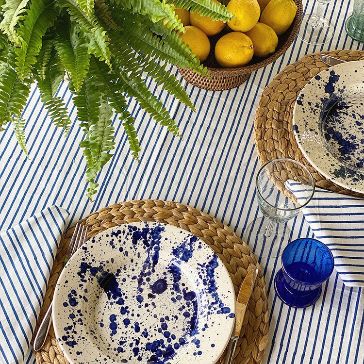 The Voyage Dubai - Classic Stripe Tablecloth Jodhpur Blue 100% cotton hand block printed tablecloth - beautiful blue and white design. printed by hand in Jaipur India