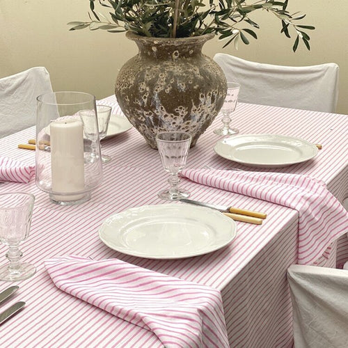 The Voyage Dubai - Classic Stripe Tablecloth Rose pink 100% cotton hand block printed tablecloth - beautiful pink and white design. printed by hand in Jaipur India