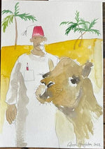 The Voyage Dubai - Colin and his Camel Watercolour. Original A4 watercolour sketch by renowned Interior Designer and artist Gavin Houghton.
