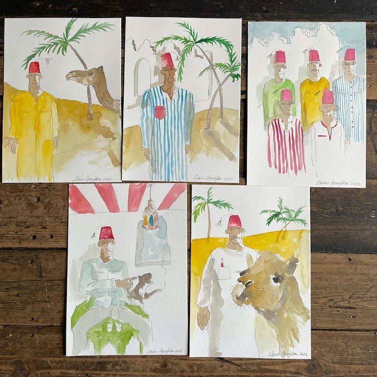 The Voyage Dubai - Fez-merising, Hassan and his brothers Watercolour. Original A4 watercolour sketch by renowned Interior Designer and artist Gavin Houghton.