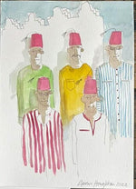 The Voyage Dubai - Fez-merising, Hassan and his brothers Watercolour. Original A4 watercolour sketch by renowned Interior Designer and artist Gavin Houghton.