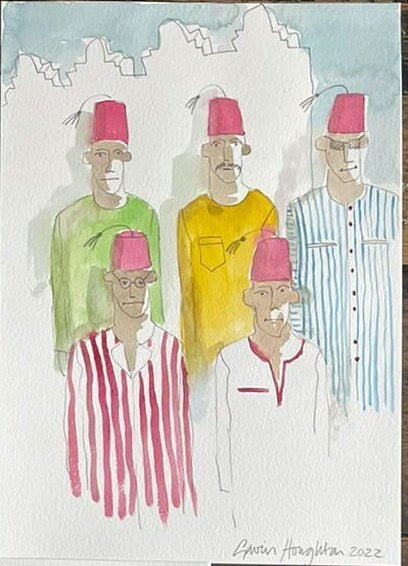 The Voyage Dubai - Fez-merising, Hassan and his brothers Watercolour. Original A4 watercolour sketch by renowned Interior Designer and artist Gavin Houghton.