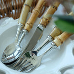 The Voyage Dubai - Five-Piece Natural Bamboo Cutlery Set  Create an effortlessly stylish table setting with this five-piece cutlery set carefully crafted from stainless steel with natural bamboo handles that are individually glazed. Comprising of dinner knife, dinner fork, soup spoon, salad/dessert fork and dessert spoon, these place settings bring a fresh, casual look to the table. 