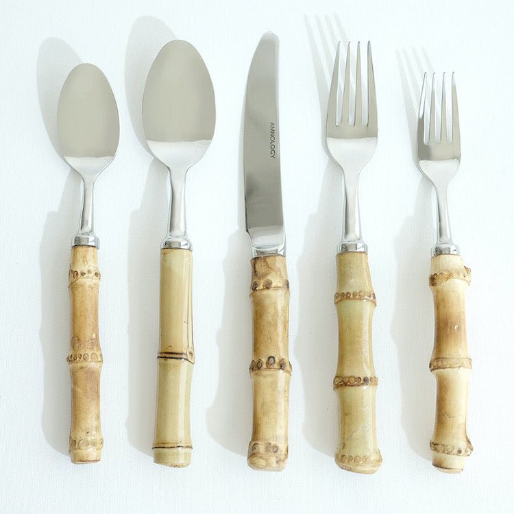 The Voyage Dubai - Five-Piece Natural Bamboo Cutlery Set  Create an effortlessly stylish table setting with this five-piece cutlery set carefully crafted from stainless steel with natural bamboo handles that are individually glazed. Comprising of dinner knife, dinner fork, soup spoon, salad/dessert fork and dessert spoon, these place settings bring a fresh, casual look to the table. 