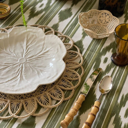 Ikat Mallorcan Tablecloth in Olive Green - The Voyage Dubai