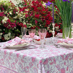 The Voyage Dubai - Isabelle tablecloth in floral pink 100% cotton hand block printed tablecloth. printed by hand in Jaipur India