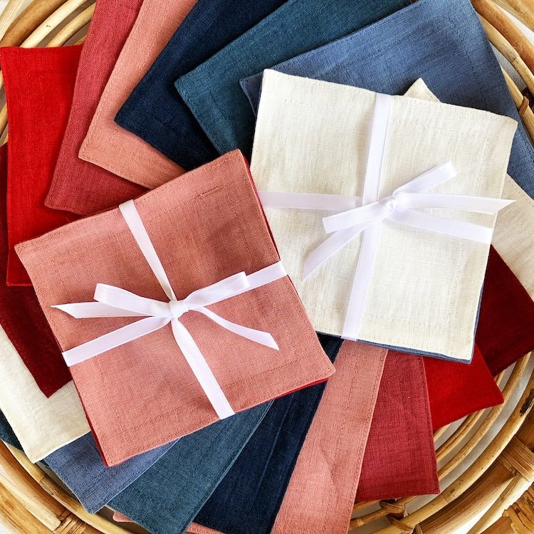 The Voyage Dubai - Linen Cocktail Napkins in Blues Set of 4. Our cocktail napkins are handcrafted from 100% European linen that has been stonewashed and softened giving them a wonderful, luxurious feel. 