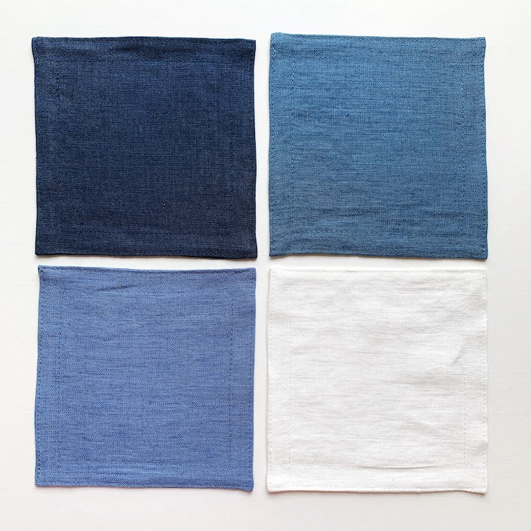The Voyage Dubai - Linen Cocktail Napkins in Blues Set of 4. Our cocktail napkins are handcrafted from 100% European linen that has been stonewashed and softened giving them a wonderful, luxurious feel. 
