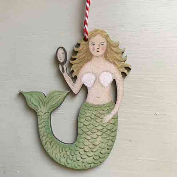 The Voyage Dubai - Mermaid with Mirror 3mm birch plywood decoration (printed both sides) from an original painting by Elizabeth Harbour.