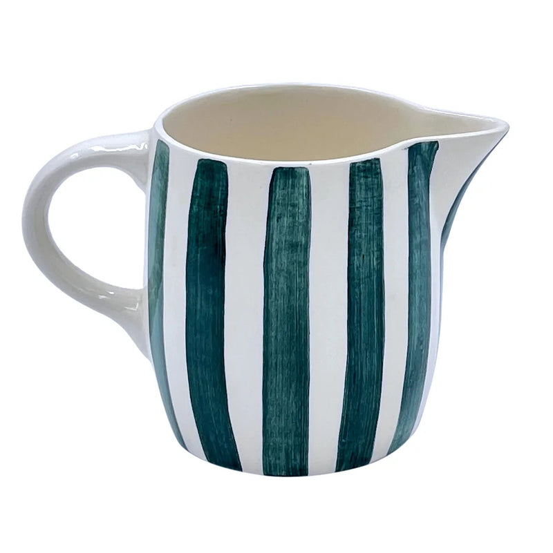The Voyage Dubai - Milk Jug in Green Stripes  Handmade and hand painted in Malta in contemporary thick stripes, designed to complement the rest of the Villa Bologna collection. The chunky bands of colour are as brilliant on their own as they are when paired with the scroll pattern and/or the Palm pieces.