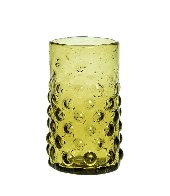 The Voyage Dubai - Handblown Syrian Recycled Bubble Tumbler (Olive Green)  Beautiful, whilst adding an element of fun, coloured glass is having a moment in the spotlight and we absolutely love these bubble tumblers, individually hand-crafted by talented artisans in Syria. Guaranteed to elevate any table setting.