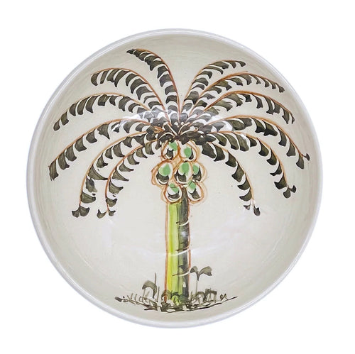 The Voyage Dubai - Peanut Bowl in Palm, 12cm  A recent addition to the Villa Bologna Pottery family, the Palm collection is designed to evoke the sunny spirit of the Mediterranean, whose islands are dotted with them. Mix-and-match the Palm with other designs for an informal look.  Handmade and hand painted in Malta.