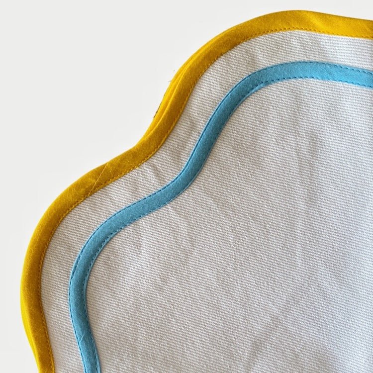 Set of Two Double Scalloped Cotton Placemats - Blue/Ochre - The Voyage Dubai