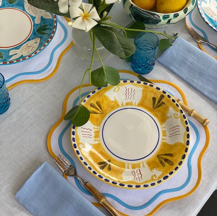 Set of Two Double Scalloped Cotton Placemats - Blue/Ochre - The Voyage Dubai