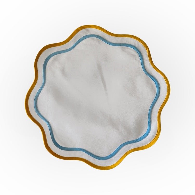 Set of Two Double Scalloped Cotton Placemats - Blue/Ochre - The Voyage Dubai