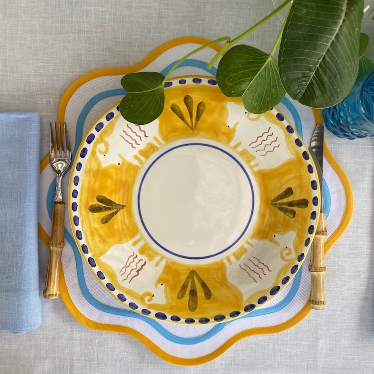 Set of Two Double Scalloped Cotton Placemats - Blue/Ochre - The Voyage Dubai